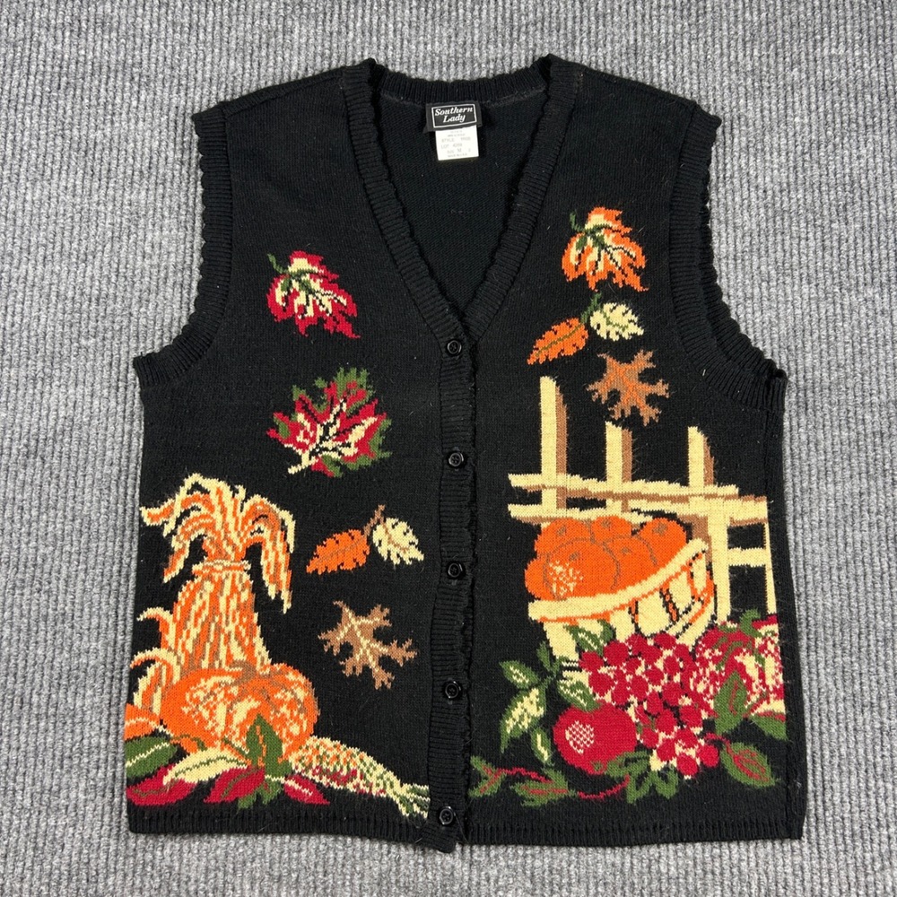 Southern Lady Vest Women's M Fall Harvest Sweater Black Knit Button Front